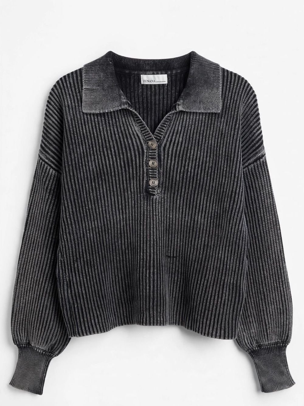 Zenana Outfitters Ribbed V-Neck Polo Sweater - Charcoal Gray
